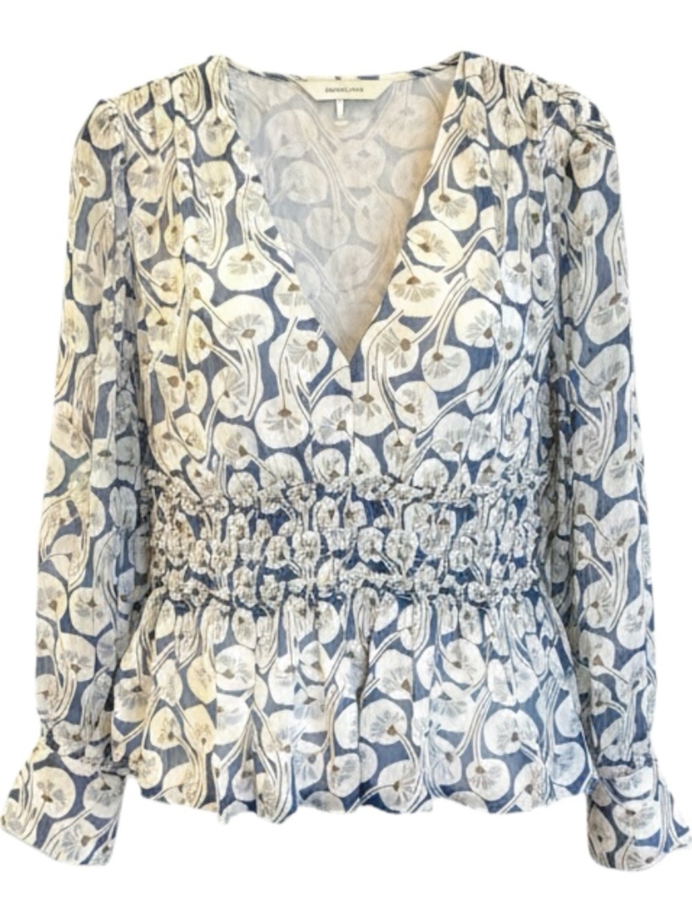 Sz 4 Rebecca Taylor Silk Deco Fleur Side Zip Sheer-Arm Long Sleeve Blouse